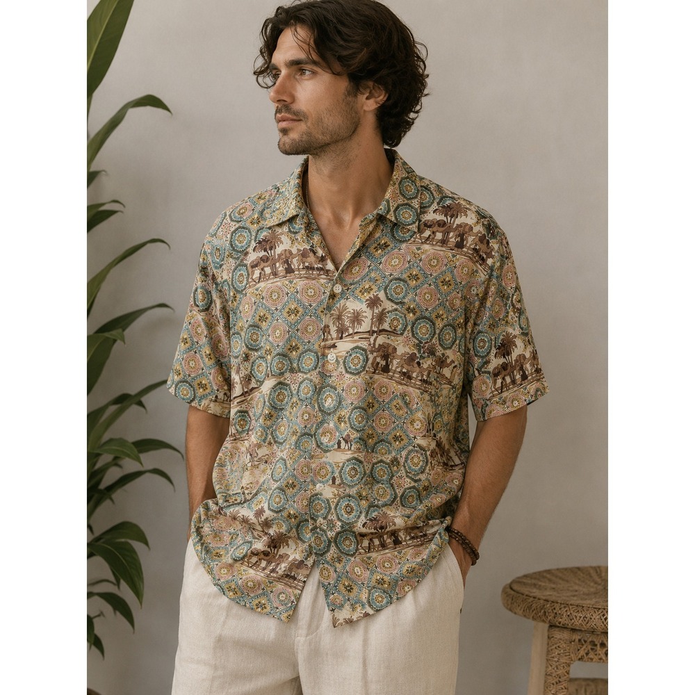 Vintage Nautica Moroccan Medallion Camel Print Button Shirt Mens Medium Resort - Picture 13 of 14